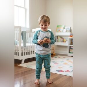 Kids Train Pajamas Set - Teal and Gray